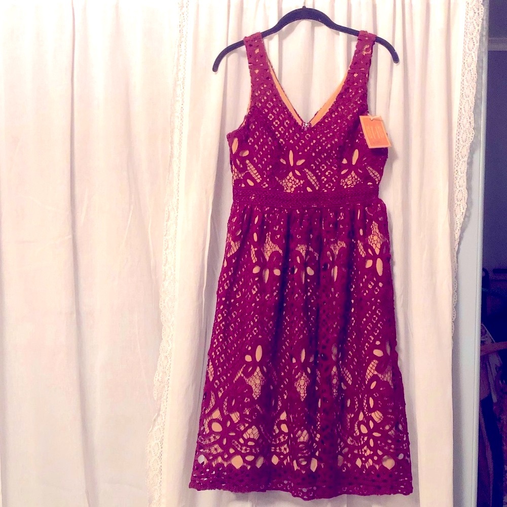 Champagne and strawberry Burgundy lace dress with cream inlay. Size Sm NWT
